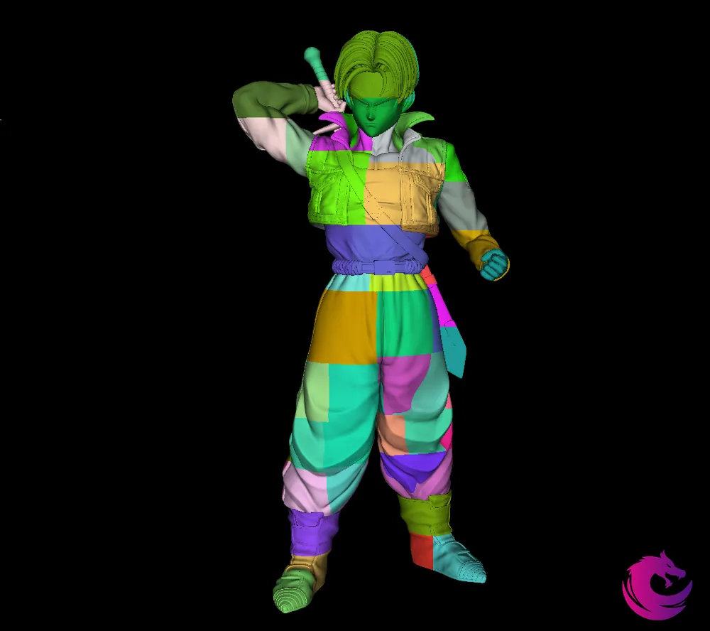 Full-height green and purple future warrior statue model